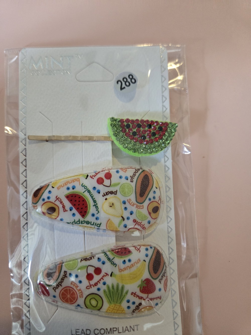 Mint Fruit Print Hair Clip Set with Green Glitter Watermelon